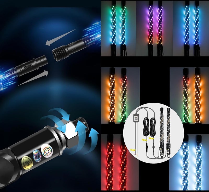 S7 2PCS 2FT Led Whip Light/Spiral RGB Remote Control Lighted Antenna Whips for Can-am ATV UTV RZR Polaris Dune Buggy 4-Wheeler Offroad Truck (2FT) - Image 3